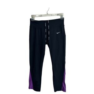 Nike Dri Fit XS Black Purple Elastic Waist Cropped Pants Workout Drawstring